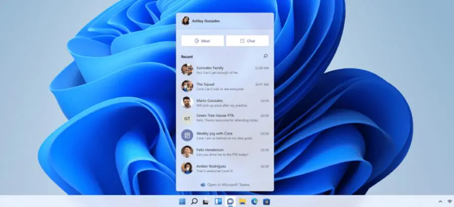 Microsoft Teams chat window showing recent conversations, highlighting improved performance and reduced memory usage.