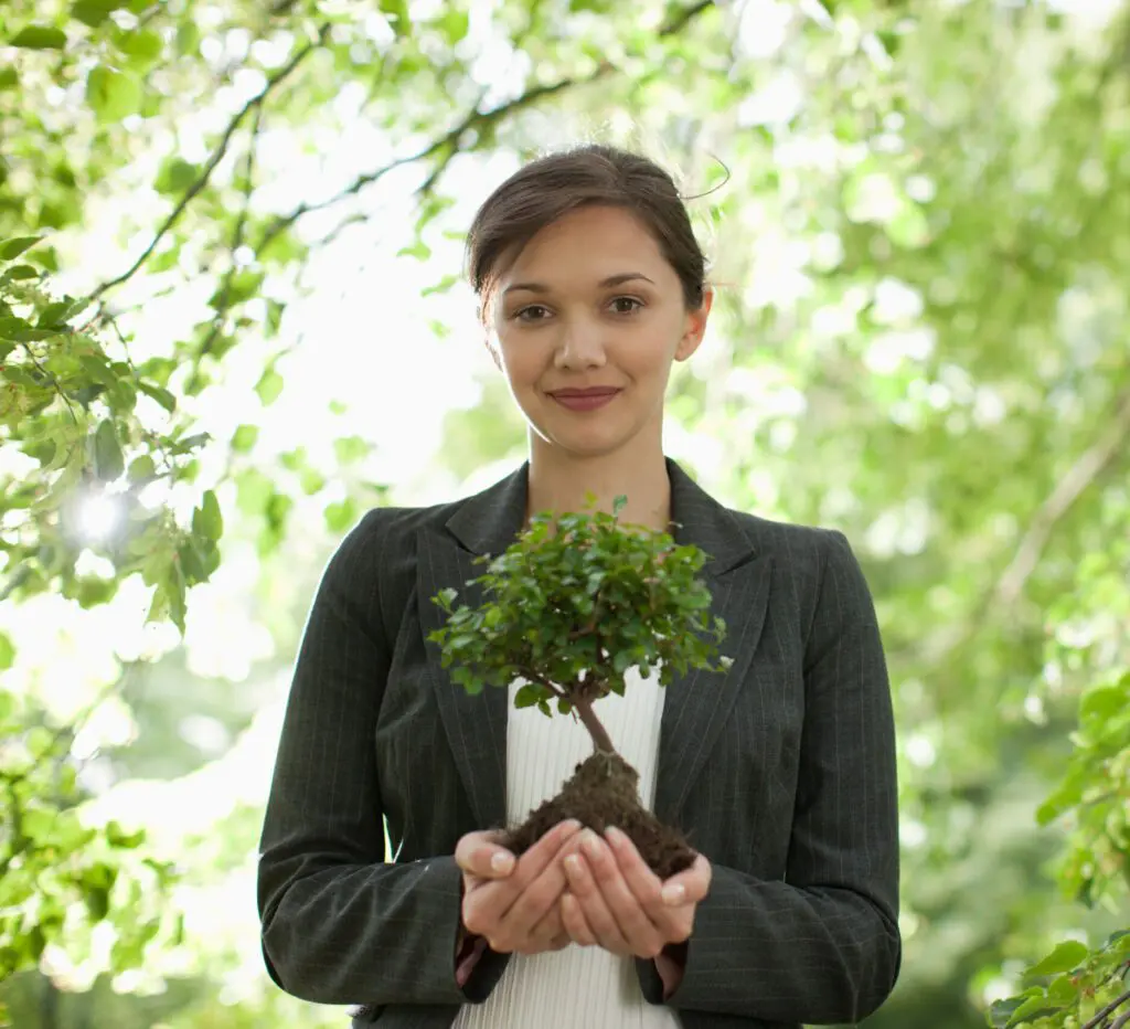 woman holding a bonsai plant
