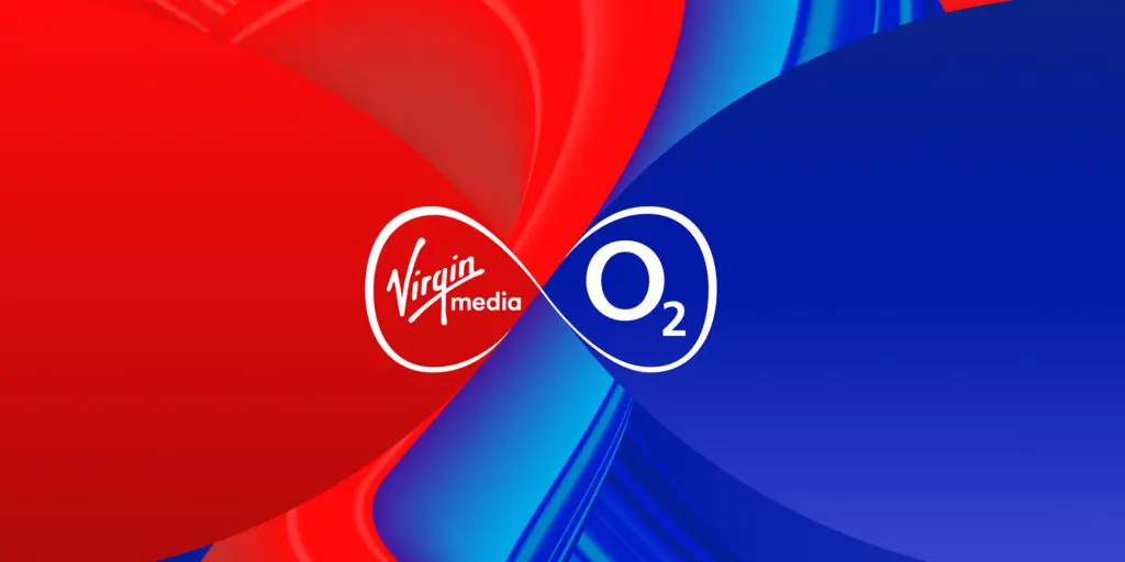 virgin media logo on red and blue swirl background