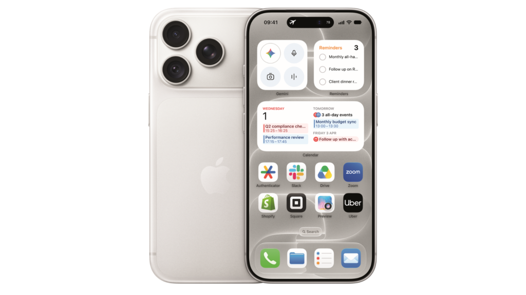 iPhone 18 Pro with widgets for reminders, calendar, and apps like Zoom and Uber.