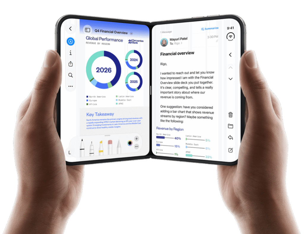 Foldable iPhone Duo displaying financial overview and communication app