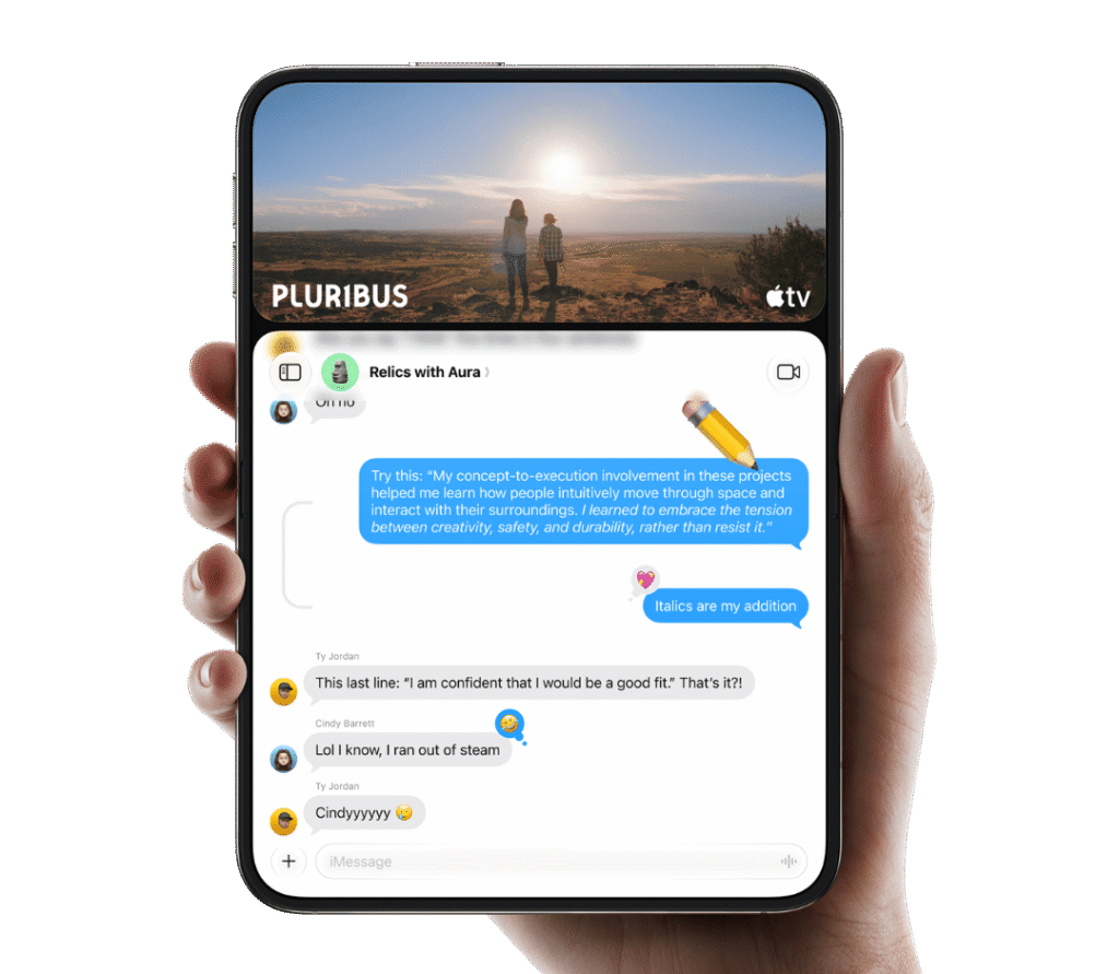 iPhone duo displaying a conversation with a video call featuring a landscape